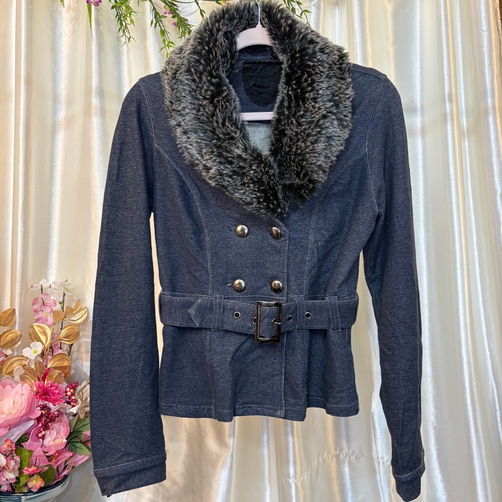 Poof Apparel Denim Colored Jacket w/ Faux Fur Trim- L